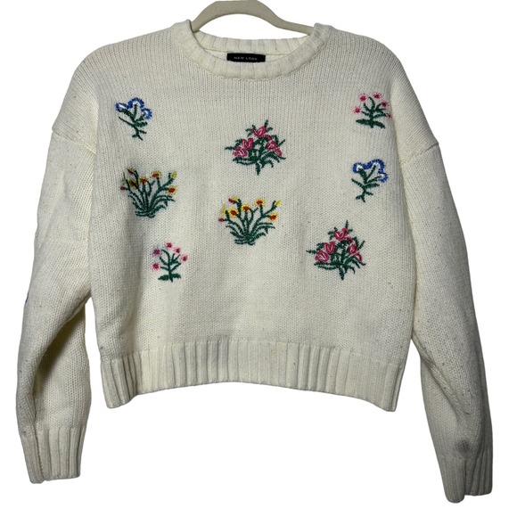 New Look Sweaters - Floral Embroidered‎ Knit Sweater Cream Crewneck Long Sleeve